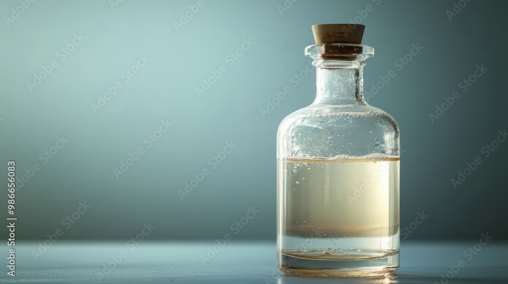 Essential Oil in Glass Bottle: A single clear glass bottle with a cork stopper, filled with a golden liquid, sits on a table against a soft blue background. Essential Oil in Glass Bottle: A single clear glass bottle with a cork stopper, filled with a golden liquid, sits on a table against a soft blue background.