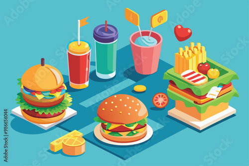 An illustrated comparison highlights the differences between healthy food choices and tempting fast food items, Comparison of healthy food and fast food in an isometric illustration.