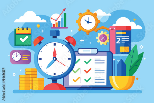 A vibrant setting of clocks, checklists, and charts to emphasize completing tasks on schedule, Complete tasks on time, simple drawing