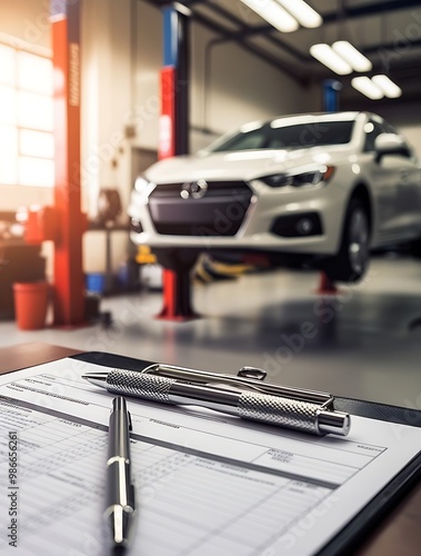 A close-up view of a car undergoing repairs in a garage, with a clear, sharp insurance policy document prominently displayed in the foreground (23) photo