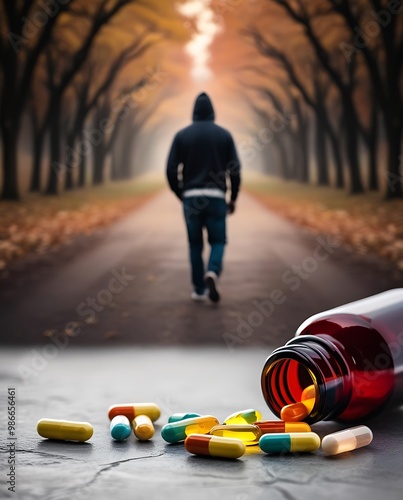 A conceptual image depicting the journey of overcoming drug and opioid addiction, symbolizing the struggle and success of becoming free from the grip of prescription pills and substance abuse (24) photo