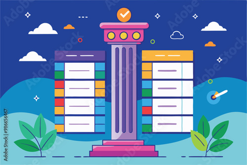 A digital schedule is displayed on two colorful screens beside a prominent pillar against a starry night sky, Complete the schedule column with flat illustrations.