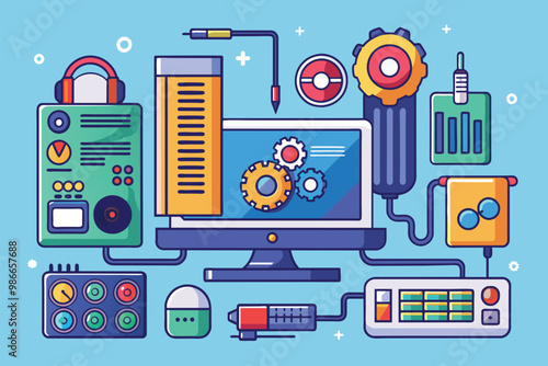 A detailed illustration showing various computer hardware items with clear labels and designs for user guidance, Computer hardware user manual with flat illustrations.