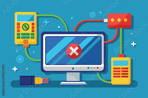 The screen indicates a lost connection error while various tools are connected for maintenance, Computer maintenance screen shows lost connection or cable disconnection with flat illustration.