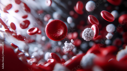 The life science concept art of many red blood cells and platelets with white blood cells of eosinophils floating in the blood vessels as 3d modeling objects and materials. 3D Modeling. Illustration photo