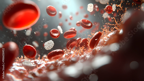 The life science concept art of many red blood cells and platelets with white blood cells of eosinophils floating in the blood vessels as 3d modeling objects and materials. 3D Modeling. Illustration photo