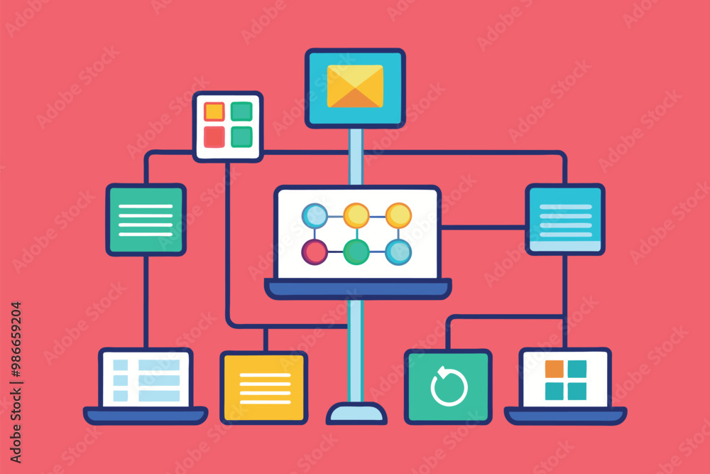 A flowchart depicts various computer trends connecting different elements through colorful icons and lines, Computer trend flowchart icon, flat illustration. A flowchart depicts various computer trends connecting different elements through colorful icons and lines, Computer trend flowchart icon, flat illustration.