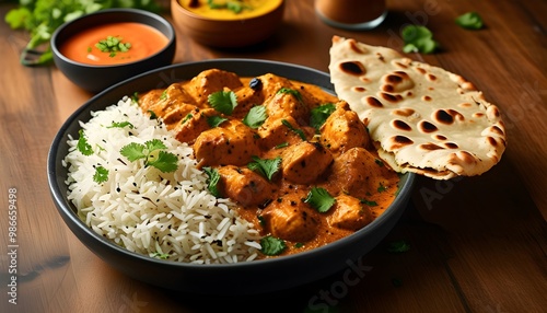 Flavorful Chicken Tikka Masala with Spicy Curry, Served with Basmati Rice and Naan on Rustic Wooden Table, Celebrating Authentic Indian Cuisine