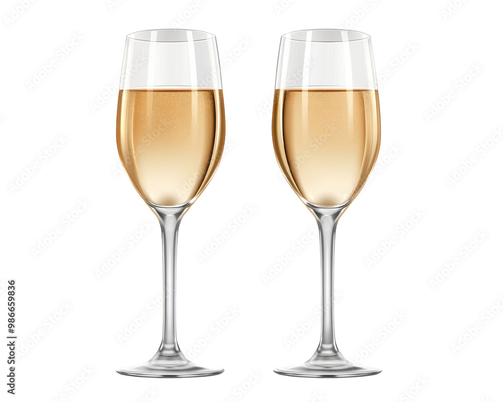 Two elegant champagne glasses filled with sparkling wine on a white isolated background, transparent background. Two elegant champagne glasses filled with sparkling wine on a white isolated background, transparent background.