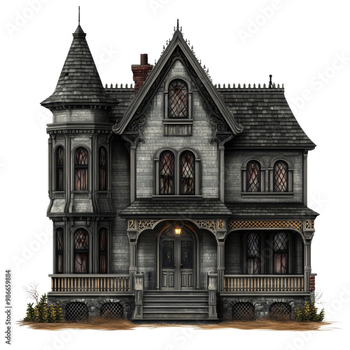 Victorian style grey house with intricate details and a spooky atmosphere on a white isolated background, transparent background.