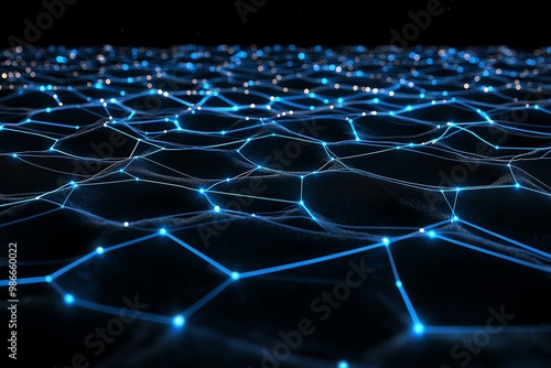 A digital grid of glowing lines, in a deep blue and black color scheme, representing technology and connectivity