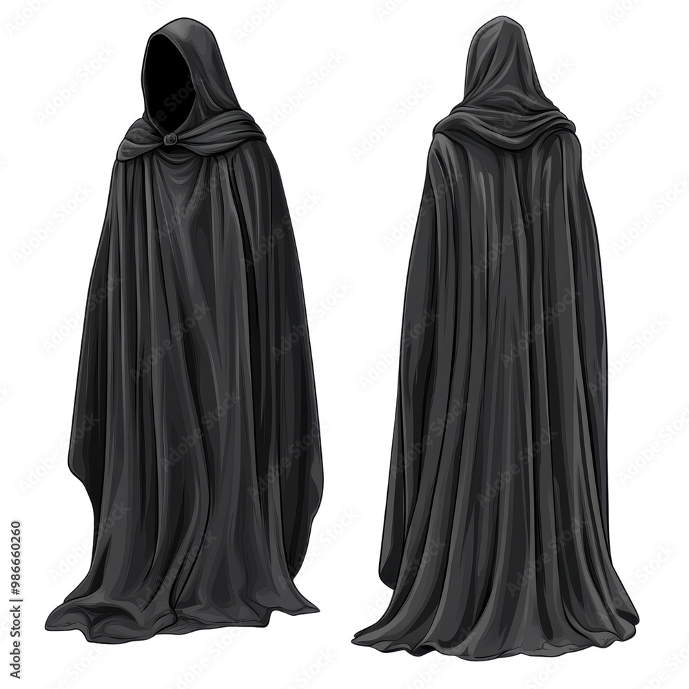 Black cloak with hood, draped elegantly from multiple angles, isolated on a white background, transparent background. Black cloak with hood, draped elegantly from multiple angles, isolated on a white background, transparent background.
