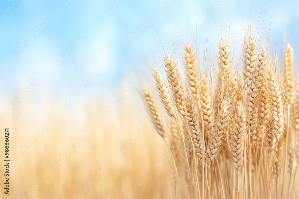 Fototapeta premium Golden wheat field under a bright blue sky during late summer harvest season