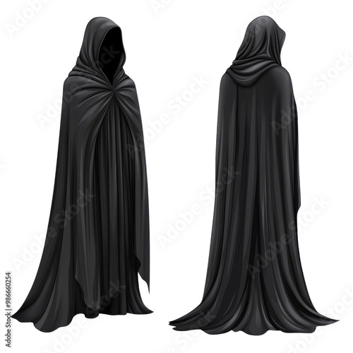 Black cloak design, front and back view, isolated on white background, transparent background.