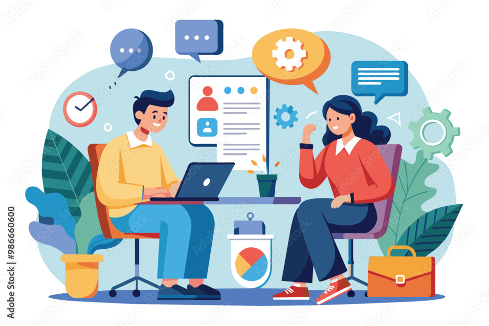Two colleagues engage in a consultation to solve problems using a laptop and visual aids in an office, Consultation for problem solving, illustrated in a flat style. Two colleagues engage in a consultation to solve problems using a laptop and visual aids in an office, Consultation for problem solving, illustrated in a flat style.