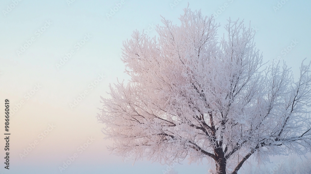 Snow-covered tree against a pastel winter sunrise Snow-covered tree against a pastel winter sunrise