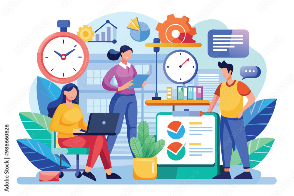 Two consultants analyze time management techniques using visual tools in a bright, modern office, Consulting for time management, illustrated in a flat style. Two consultants analyze time management techniques using visual tools in a bright, modern office, Consulting for time management, illustrated in a flat style.