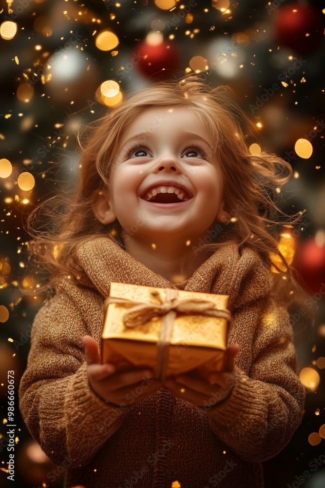 A child holding up a big Christmas present, excitedly laughing with joy christmas tree and bokeh lights in the background A child holding up a big Christmas present, excitedly laughing with joy christmas tree and bokeh lights in the background