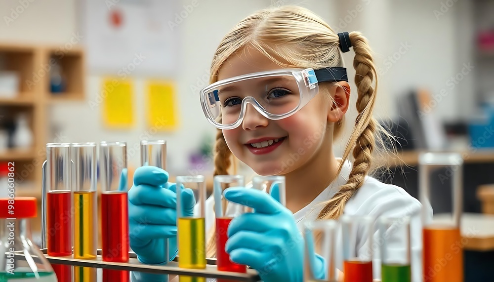 portrait of young girl smiling while surrounded by colourful test tubes in a science lab or classroom created with generative ai portrait of young girl smiling while surrounded by colourful test tubes in a science lab or classroom created with generative ai