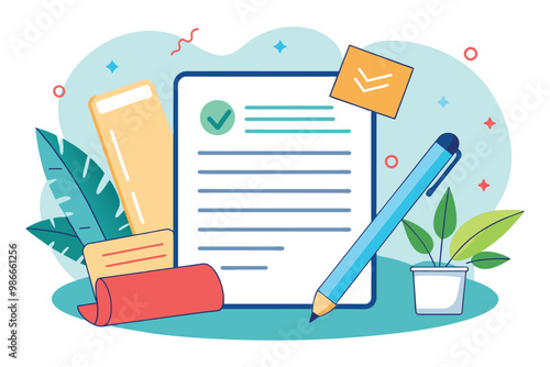 A simple drawing illustrates a business contract among various stationery items, highlighting organization, Contract for business, simple drawing