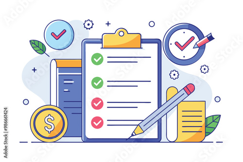 A colorful drawing showcasing a checklist for contract goals alongside clocks and financial symbols, contract goals, simple drawing