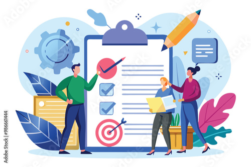 A group of professionals engages in collaborative planning using a checklist and visual tools for project success, Contract work for a flat illustration to reach the goal.