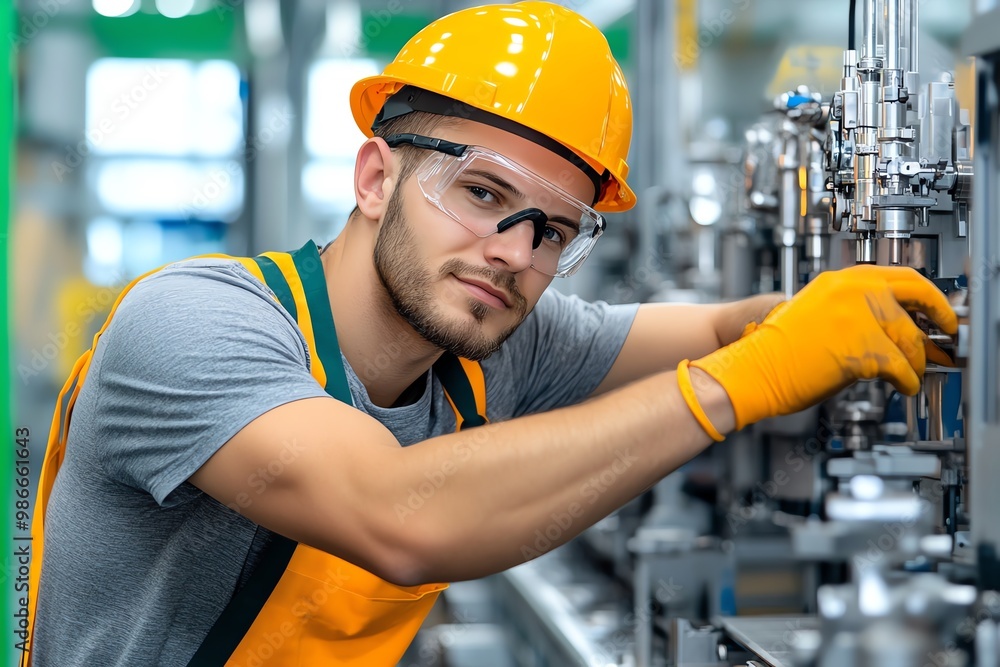 A factory worker adjusting machine settings, optimizing production capacity for a busy shift A factory worker adjusting machine settings, optimizing production capacity for a busy shift