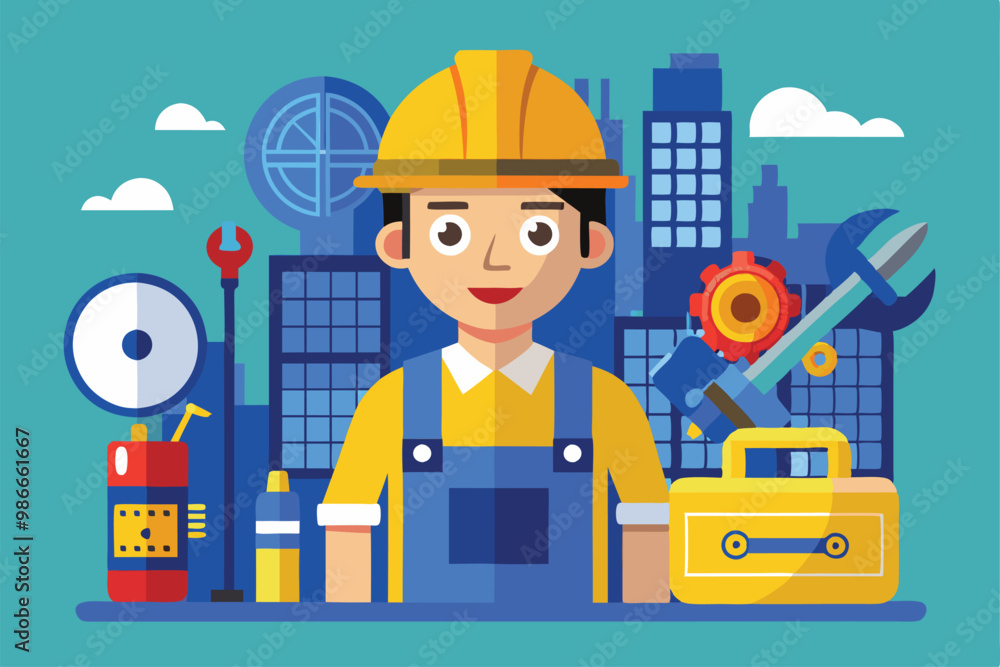 A contractor stands proudly with various tools in a stylish urban flat, showcasing his trade, Contractor with trending work equipment in a flat illustration. A contractor stands proudly with various tools in a stylish urban flat, showcasing his trade, Contractor with trending work equipment in a flat illustration.