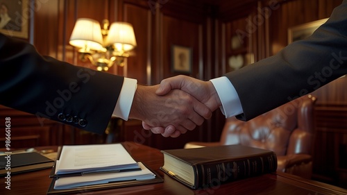 A handshake between a lawyer and a client in a wood-paneled office, with legal books and documents on the table photo