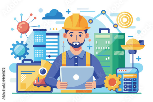 A contractor is utilizing advanced tools to plan projects in a stylish flat setting, Contractor with trending work equipment in a flat illustration.