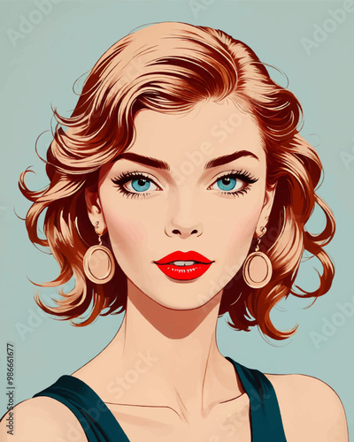 Pop Art vector illustration of girl. Pop Art girl. Sexy girl. Supermodel, cosmetics, lipstick, portrait, glamor, kitsch, confident, face, gossip, gift, discount, model, look, wow, stylish