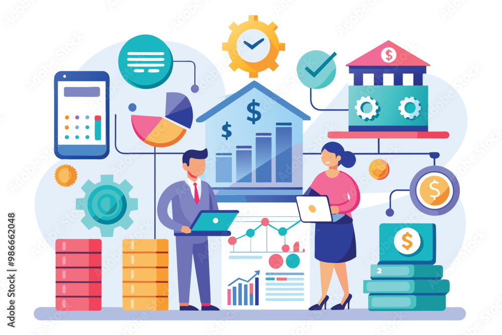 Professionals analyze financial data using ledgers and charts in a contemporary workspace environment, Corporate finance concept using ledger accounts, simple illustration. Professionals analyze financial data using ledgers and charts in a contemporary workspace environment, Corporate finance concept using ledger accounts, simple illustration.