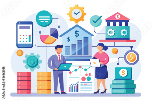 Professionals analyze financial data using ledgers and charts in a contemporary workspace environment, Corporate finance concept using ledger accounts, simple illustration.