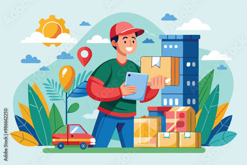 A courier smiles while delivering flat parcels outside a building on a sunny day, holding a tablet, Courier delivers flat parcels.