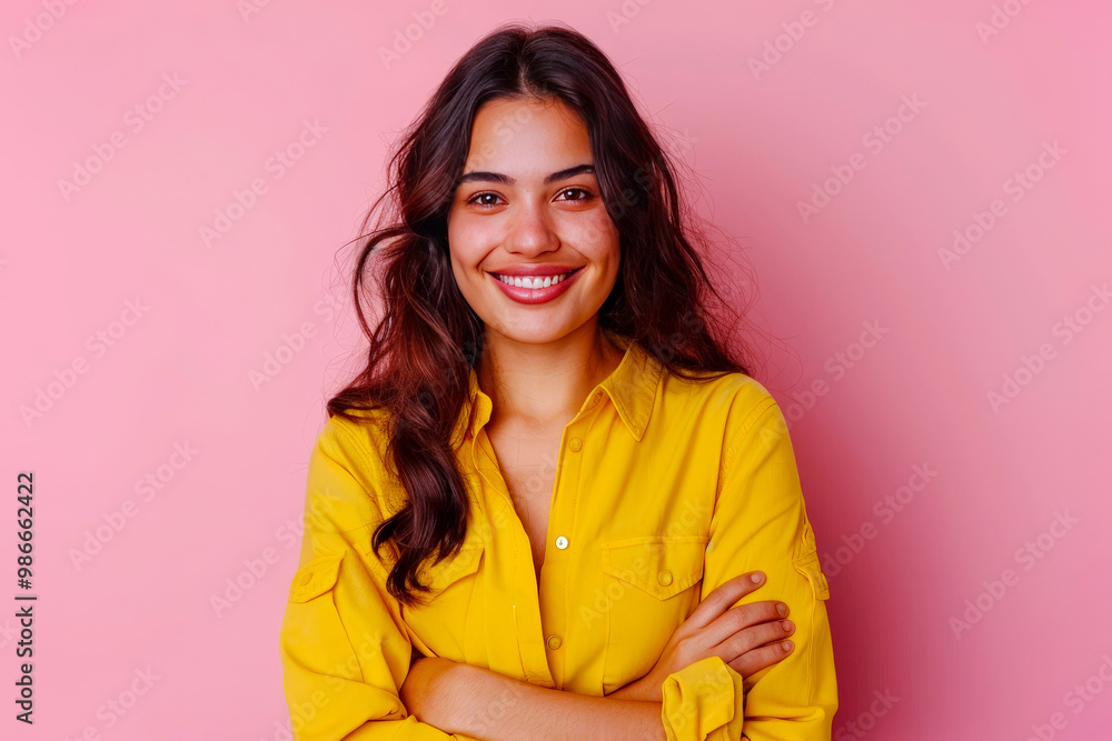 Full length of young smiling pretty happy brunette positive attractive beautiful latin woman 20s in yellow casual shirt hold hands crossed folded isolated on pastel pink background studio portrait Full length of young smiling pretty happy brunette positive attractive beautiful latin woman 20s in yellow casual shirt hold hands crossed folded isolated on pastel pink background studio portrait