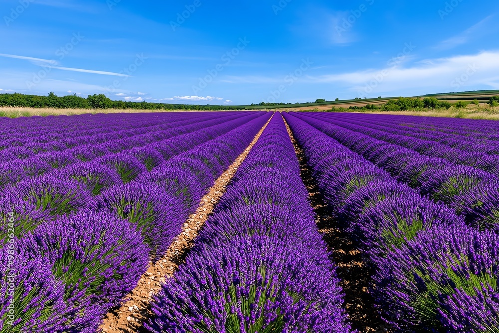 Obraz premium A field of lavender in full bloom, with rows of purple flowers stretching toward the horizon under a bright blue sky