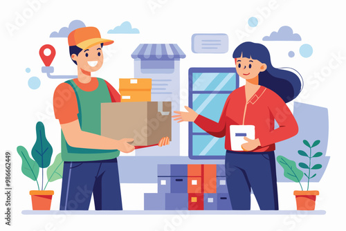 A happy courier hands a package to a buyer in a vibrant, inviting delivery scene filled with plants, Courier delivers package to buyer.