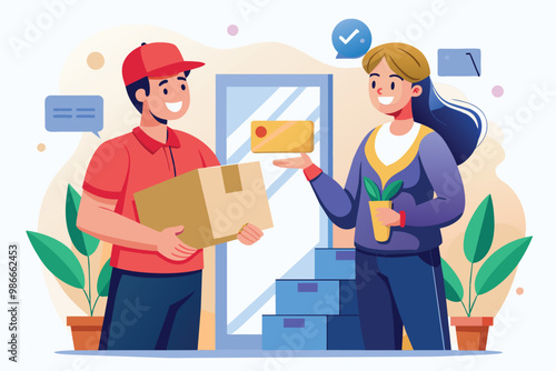A courier hands over a package to a smiling customer in a cozy indoor environment filled with plants, Courier delivers package to customer.