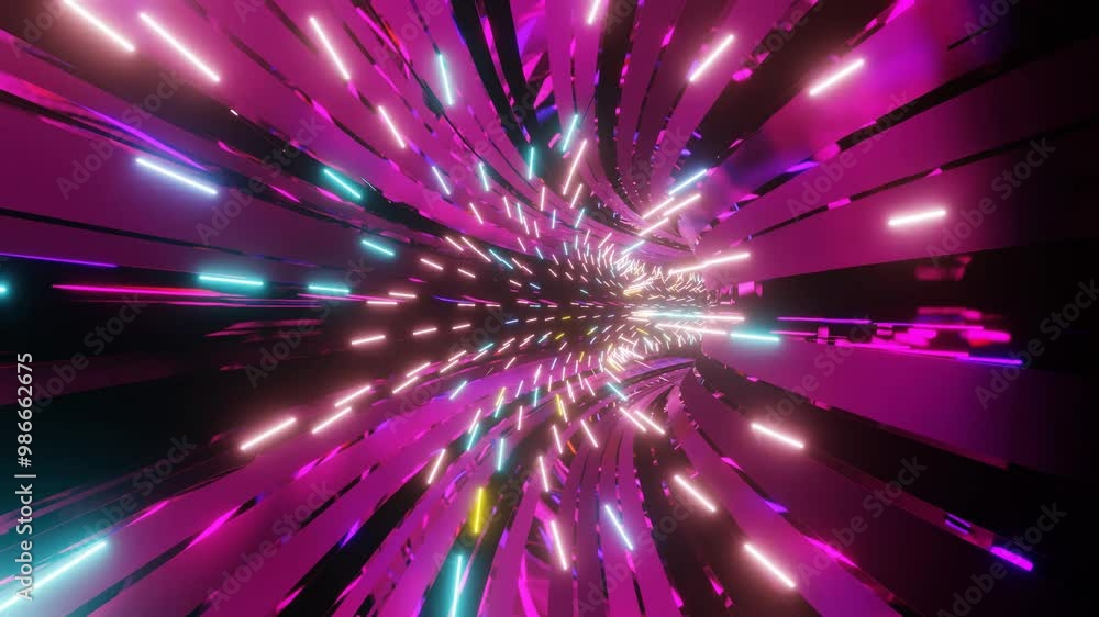 3d animated illustration VJ loop of futuristic infinity neon tunnel ...