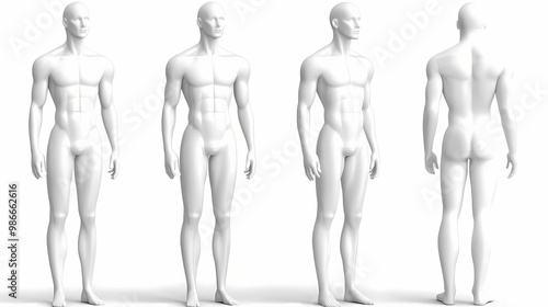 White plastic male mannequin for clothes. set from the side, front and back view. commercial equipment for shop windows. 3d illustration isolated on a white background. 3D Modeling. Illustration