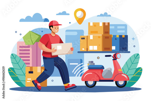 A courier carries a package while walking past colorful delivery boxes and a parked scooter, Courier delivers the package and delivery order with a flat illustration.