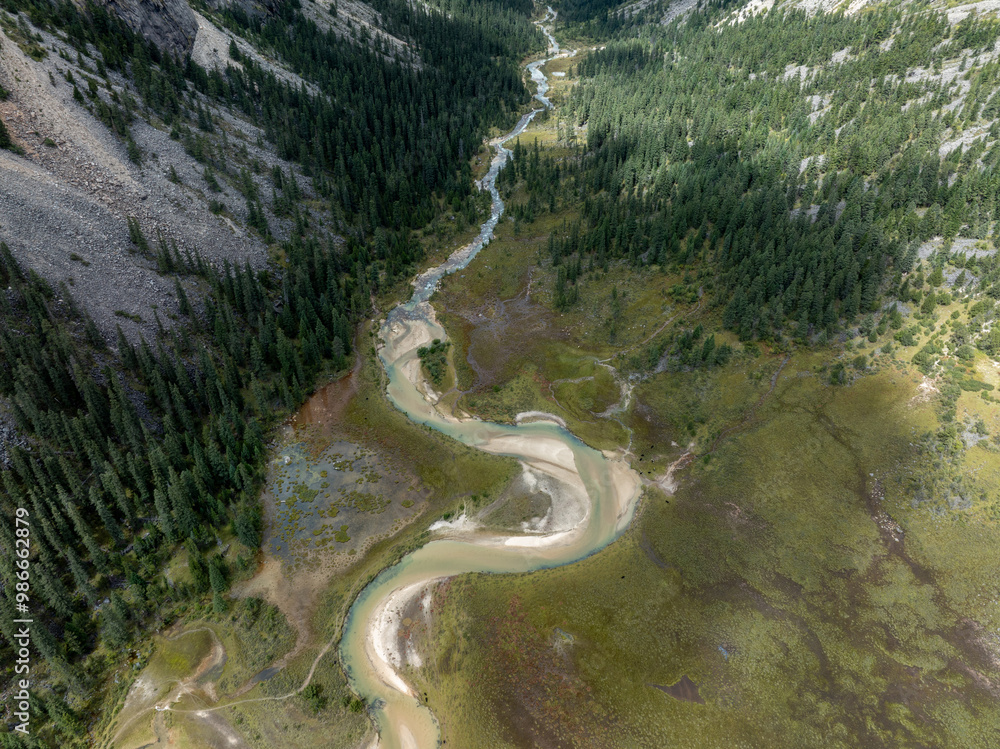 Aerial view of beautiful high altitude forest canyon and snow capped mountain landscape Aerial view of beautiful high altitude forest canyon and snow capped mountain landscape