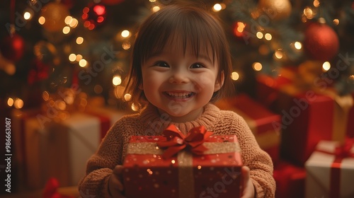 excited little child holding a big Christmas present with christmas tree and bokeh lights in the background