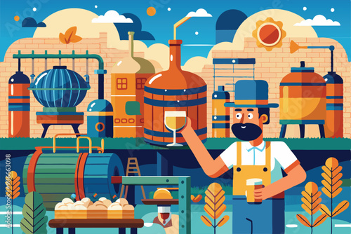 A brewer showcases a glass of craft beer amidst colorful tanks and brewing equipment in a lively environment, Craft beer production with customizable and exaggerated illustrations.