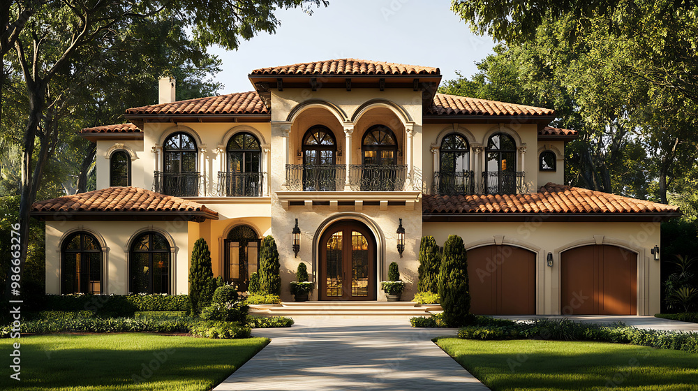 Mediterranean Revival house exterior design warm front elevation ...