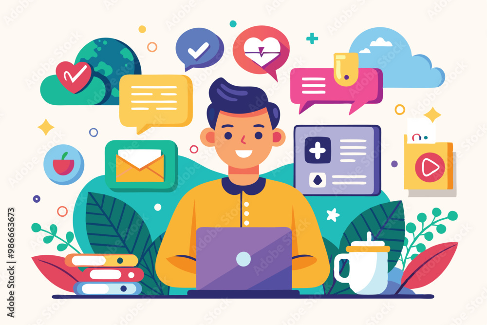 Fototapeta premium A cheerful young man engages with his laptop amid vibrant social media icons and elements symbolizing communication, Create a trendy, flat illustration for social media.