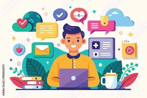 A cheerful young man engages with his laptop amid vibrant social media icons and elements symbolizing communication, Create a trendy, flat illustration for social media.