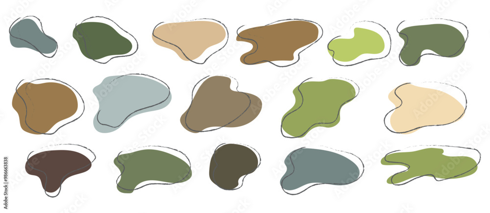 Set of green eco organic forms irregular shapes with line. Modern liquid irregular spot shape. Vector round blot form graphic element. Set of green eco organic forms irregular shapes with line. Modern liquid irregular spot shape. Vector round blot form graphic element.