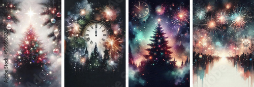 Christmas Cover Set with New Year's Eve Celebration and Fireworks. Midnight Countdown Party