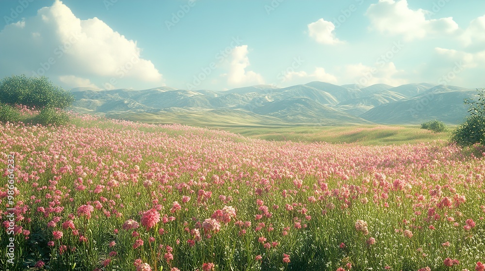 Pink Wildflowers Blooming in a Mountain Meadow Landscape Pink Wildflowers Blooming in a Mountain Meadow Landscape